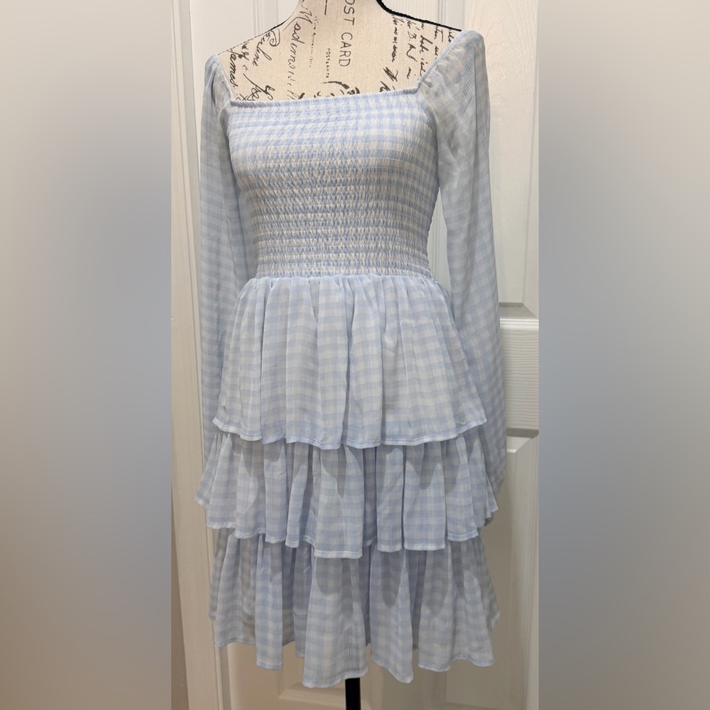 Madden NYC Light Blue Checkered Mini Dress – Wear On or Off Shoulder 💙 - Picture 5 of 8